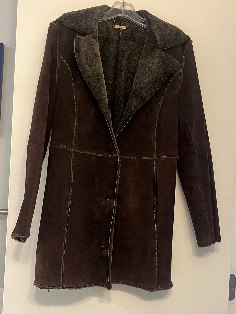 Vintage Winlit Chocolate Brown 100% Genuine Leather shearling Long Coat Sz Med